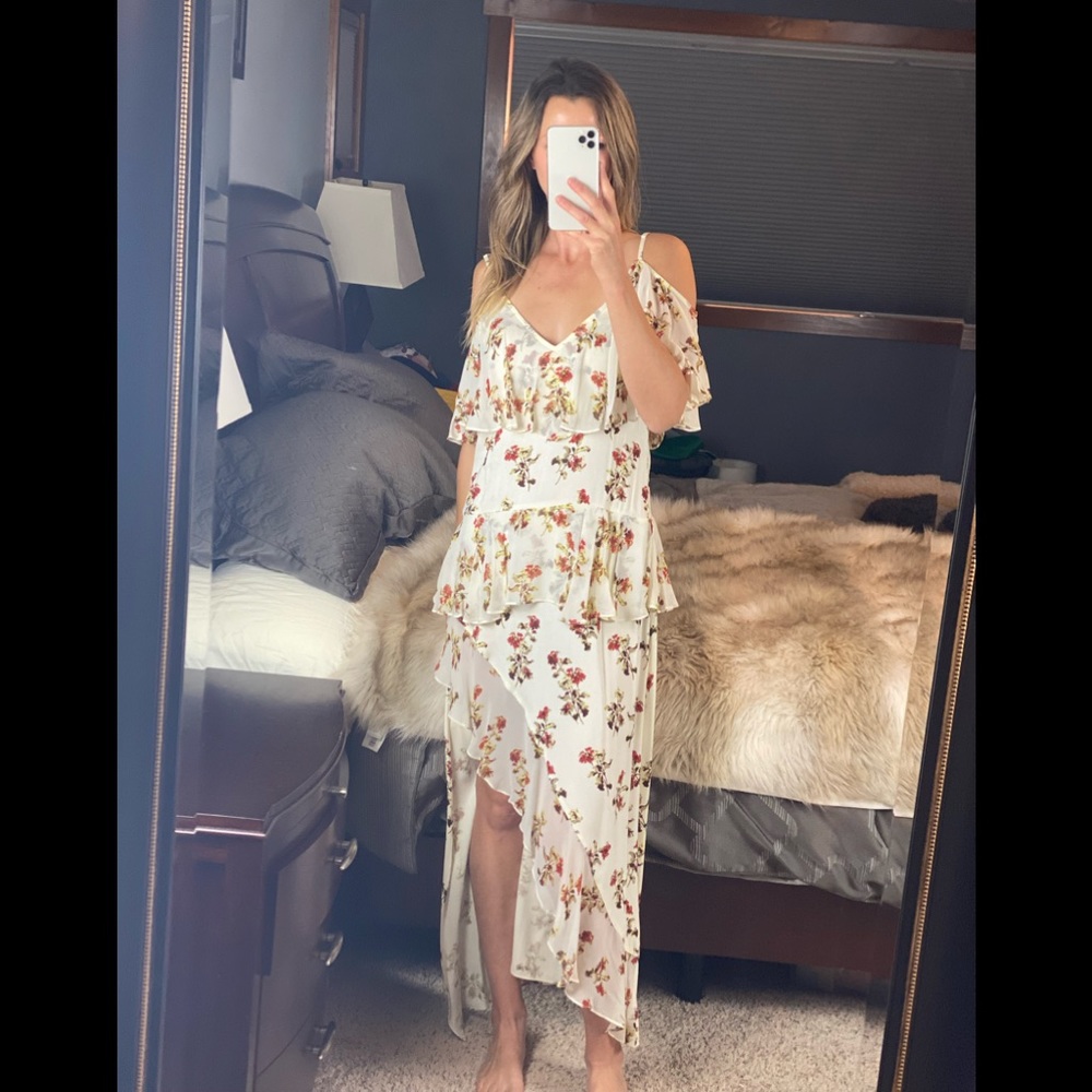 Shakuhachi Poise Off Shoulder Asymmetrical Floral Dress